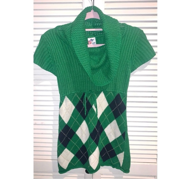 Vintage Green Cowl Neck Sweater with Argyle Pattern - Picture 1 of 5